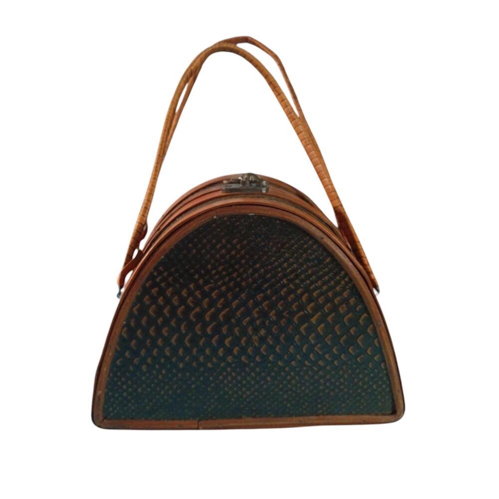Vintage Wooden Dome Box Purse Bamboo Style Wood & Embossed Faux Leather Handbag